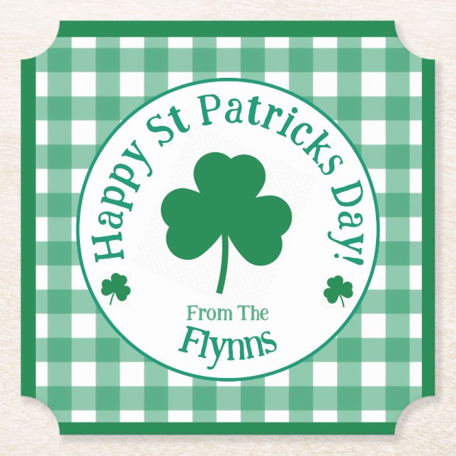 Posavasos De Papel St Patricks Day NAME Irish Clover Green Check (Anverso)