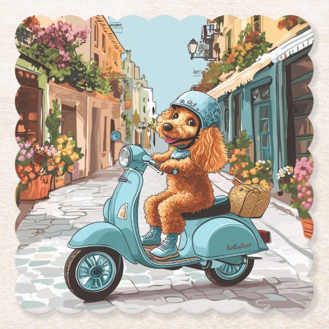 Posavasos De Papel Standard Poodle Dog Riding Scooter (Anverso)
