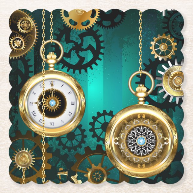 Posavasos De Papel Steampunk Jewelry Watch sobre un fondo verde (Anverso)