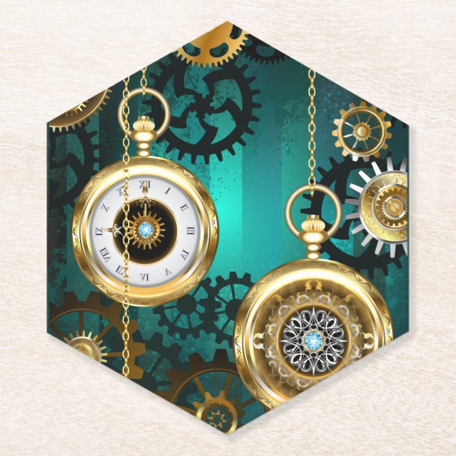 Posavasos De Papel Steampunk Jewelry Watch sobre un fondo verde (Anverso)
