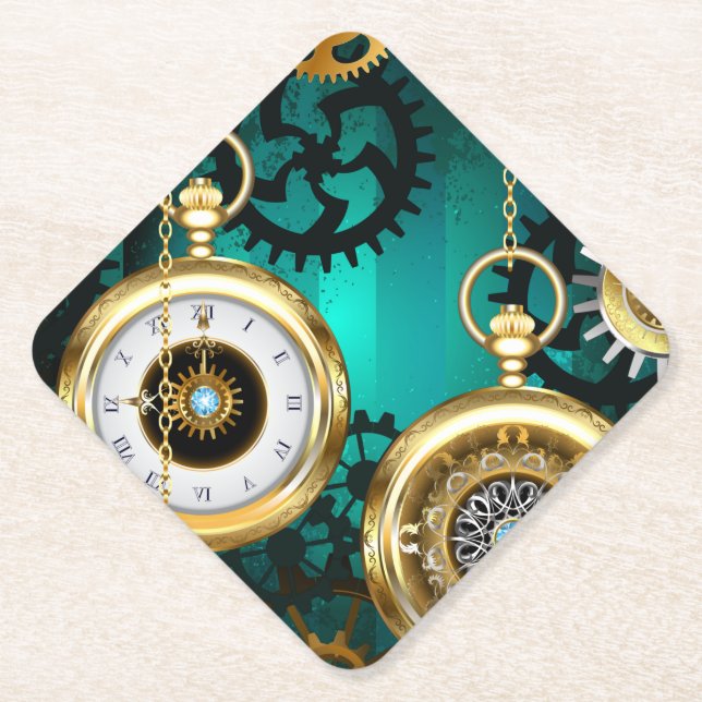 Posavasos De Papel Steampunk Jewelry Watch sobre un fondo verde (Anverso)
