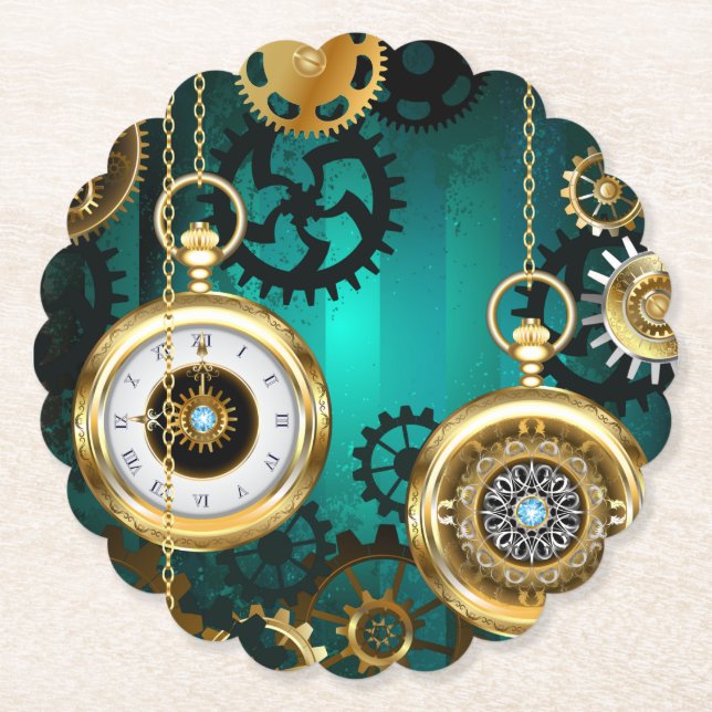 Posavasos De Papel Steampunk Jewelry Watch sobre un fondo verde (Anverso)