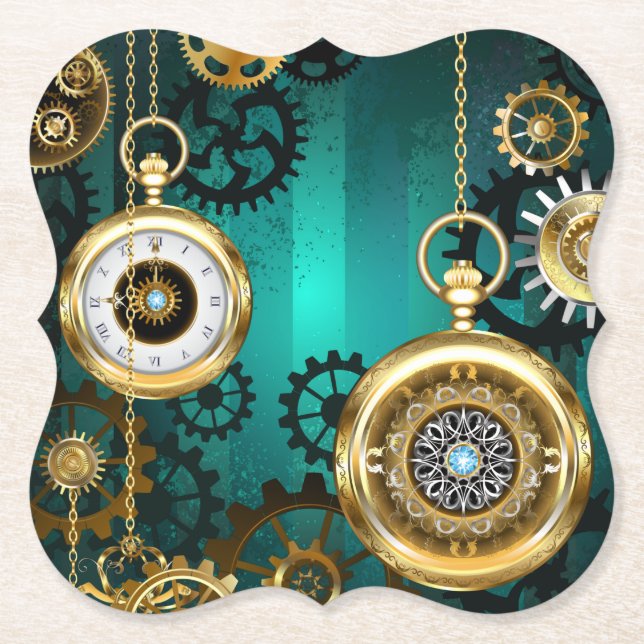 Posavasos De Papel Steampunk Jewelry Watch sobre un fondo verde (Anverso)