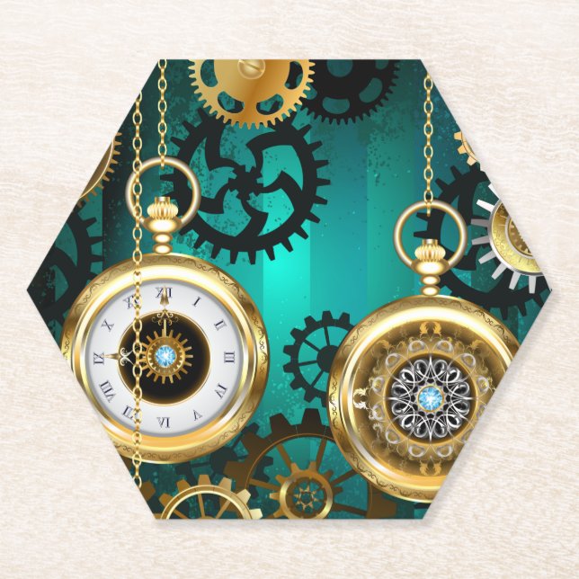 Posavasos De Papel Steampunk Jewelry Watch sobre un fondo verde (Anverso)