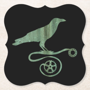 Posavasos De Papel Steampunk Verdigris Standing Crow and Gears