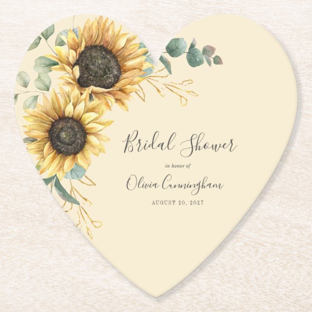 Posavasos De Papel Sunflower Faux Gold Floral Script Bridal Shower (Anverso)