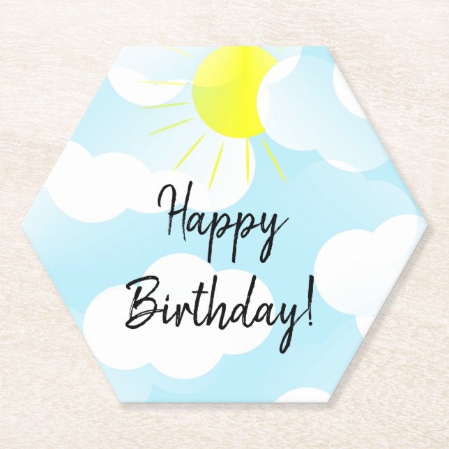 Posavasos De Papel Sunny Blue Summer Sky con nubes y deseos de cumple (Anverso)