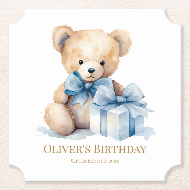Posavasos De Papel Sweet Watercolor Teddy Bear First Birthday (Anverso)