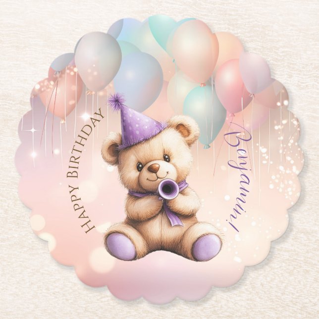 Posavasos De Papel Teddy Bear 1er cumpleaños Globos coloridos (Anverso)