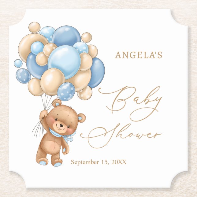 Posavasos De Papel Teddy Bear Blue Balloons Baby Shower (Anverso)