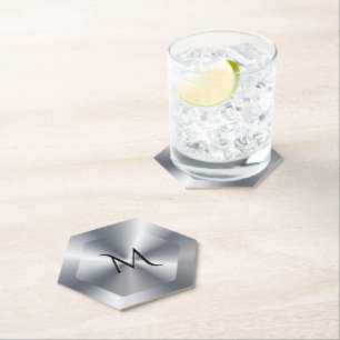 Posavasos De Papel Textura de plata metálica con monograma personaliz