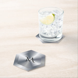 Posavasos De Papel Textura de plata metálica con monograma personaliz