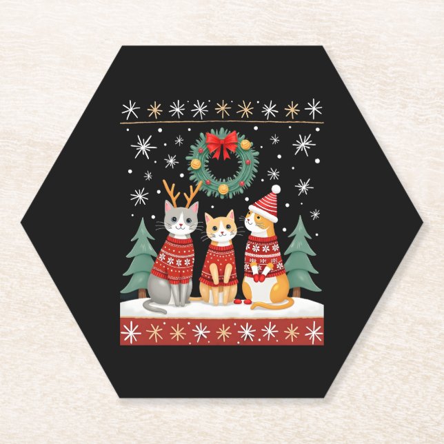 Posavasos De Papel Three Cat Funny Christmas Cat Ugly Xmas Sweater Me (Anverso)