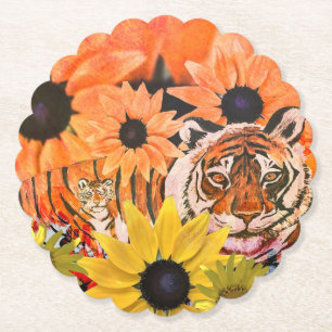 Posavasos De Papel Tigre, cachorro, flores y colores Naranjas