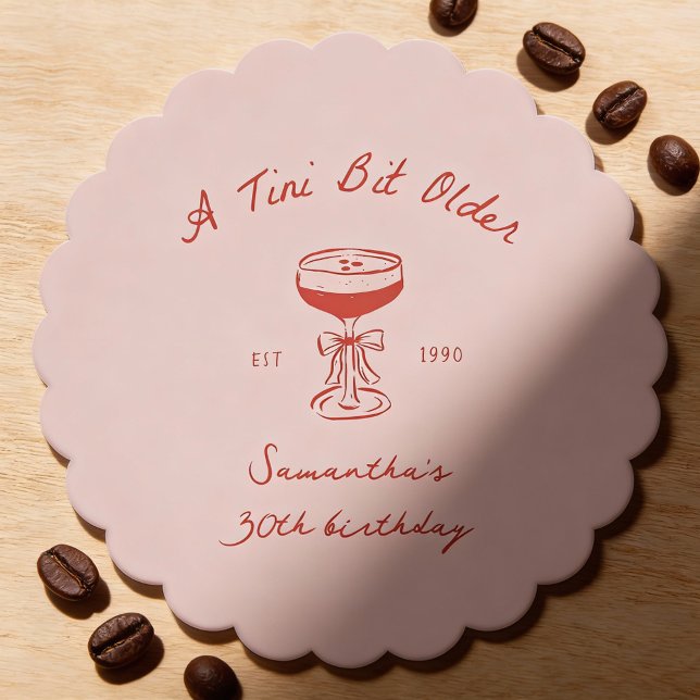 Posavasos De Papel Tini Bit Older Espresso Martini Scribble Birthday (A tini bit older hand-drawn espresso martini paper coaster in pink and red)