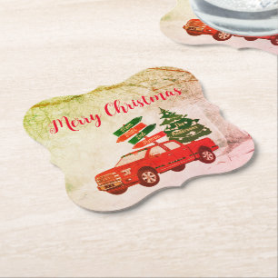 Posavasos De Papel Tipografía Camión Verde Rojo Ruido Feliz Navidad