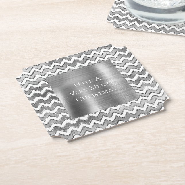 Posavasos De Papel Tiras de Zigzag Blanco Glam Silver (En perspectiva)