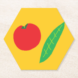 Posavasos De Papel Tomate rojo y hoja verde sobre naranja