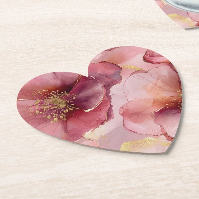 Posavasos De Papel Tono Dorado Rosa Borgoña Floral Torta Nupcial (En perspectiva)