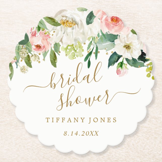 Posavasos De Papel Tono Rosa Dorado Floral Confeti Despedida de Solte (Anverso)