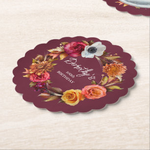 Posavasos De Papel Tonos Terrosos Flores de Otoño Burdeos Cumpleaños