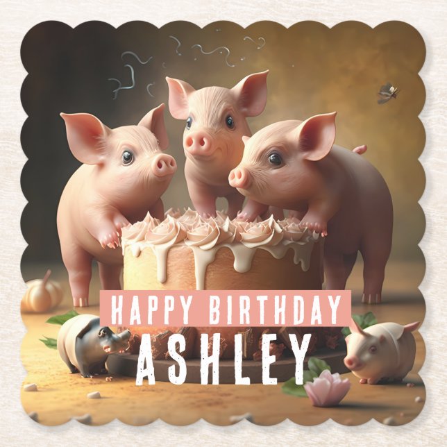 Posavasos De Papel Torta de cumpleaños de tres cerditos (Anverso)