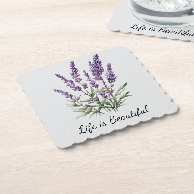 Posavasos De Papel Torta de Cumpleaños Floral Lavanda Morado Gris Rom (En perspectiva)