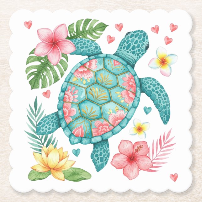 Posavasos De Papel Tortuga marina y flores tropicales (Anverso)