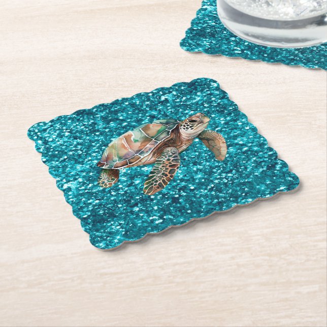 Posavasos De Papel Tortuga verde verde azulada (En perspectiva)