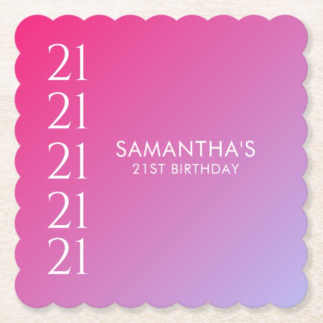 Posavasos De Papel Trendy Modern Bold Pink Gradient 21st Birthday (Anverso)