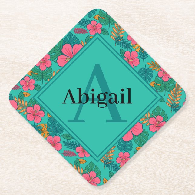 Posavasos De Papel Tropical Hibiscus and Palm Leaf Pattern  (Anverso)