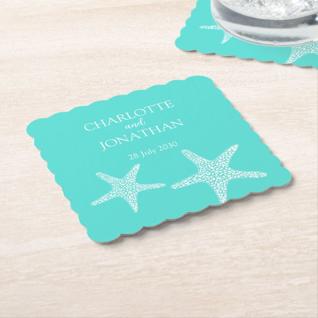 Posavasos De Papel Turqoise Modern Tropical Starfish Beach Wedding (En perspectiva)