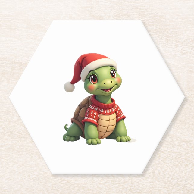 Posavasos De Papel Turtle Ugly Sweater Santa Hat Christmas T-Shirt (1 (Anverso)