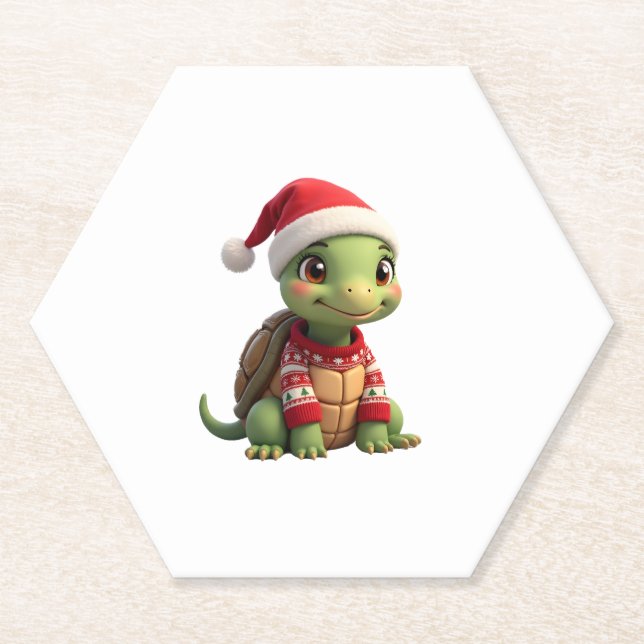 Posavasos De Papel Turtle Ugly Sweater Santa Hat Christmas T-Shirt (2 (Anverso)