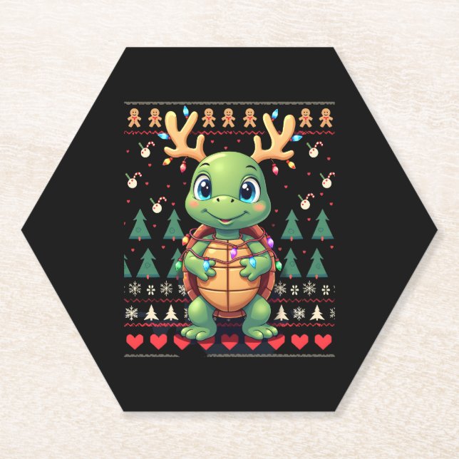 Posavasos De Papel Ugly Xmas Sweater Style Lighting Turtle Christmas  (Anverso)