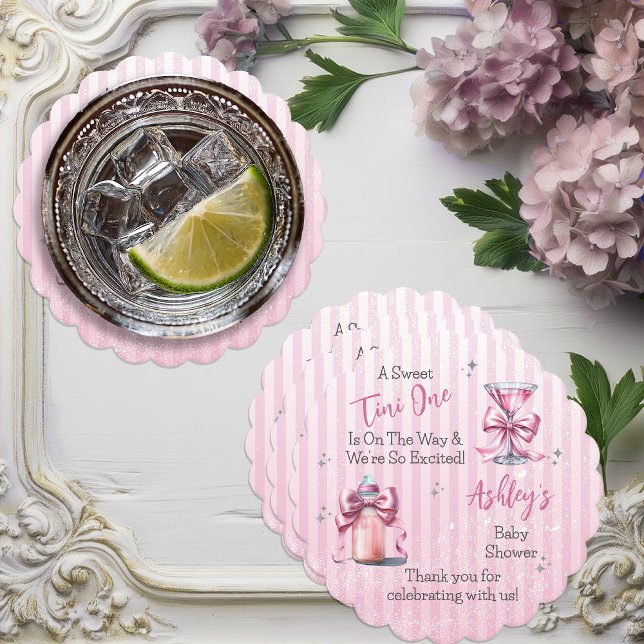 Posavasos De Papel Un dulce Tini Un Chica De Coqueta Rosa Baby Shower ("A Sweet Tini One" Coquette Bows Martini | Bottle Girl Baby Shower Paper Coaster)