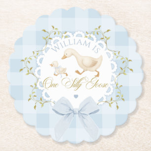 Posavasos De Papel Un ganso tonto cumpleaños azul gingham caprichoso