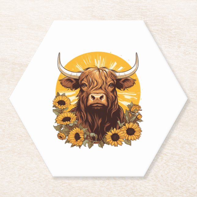 Posavasos De Papel Un Ilustracion de vaca de Highland con Sunflowers  (Anverso)