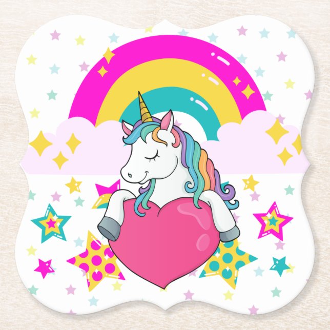 Posavasos De Papel Unicornio arcoiris con estrellas (Anverso)