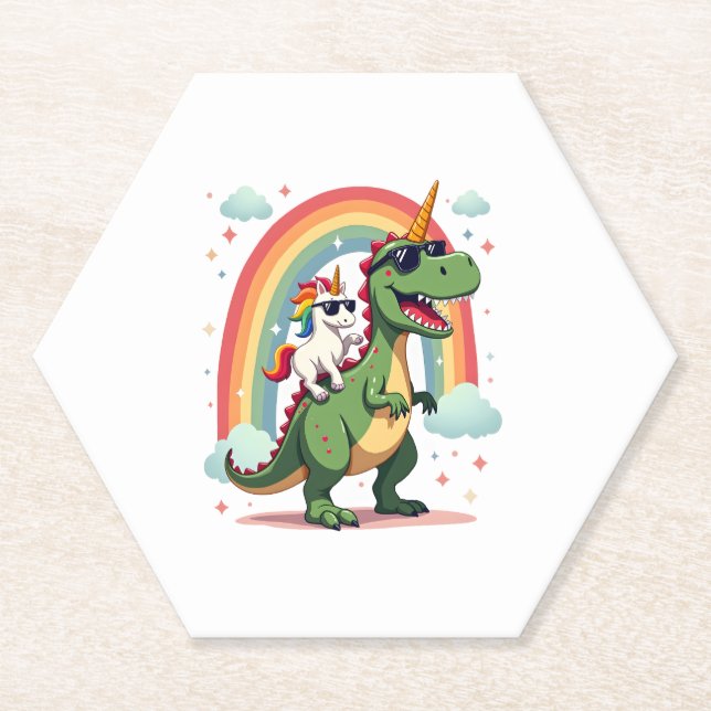 Posavasos De Papel Unicornio de Arcoíris montando T rex - Dinosaurio  (Anverso)