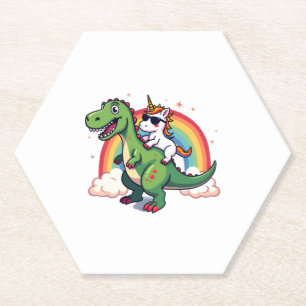 Posavasos De Papel Unicornio de Arcoíris montando T rex - Dinosaurio
