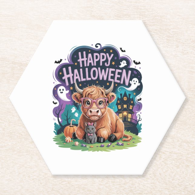 Posavasos De Papel Vaca de Halloween Cute Highland (2) (Anverso)