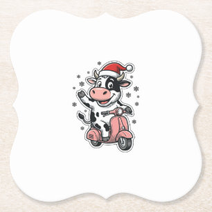 Posavasos De Papel Vaca de Navidad montando scooter rosa vintage vect