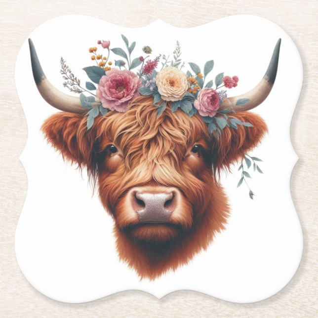 Posavasos De Papel Vaca de tierras altas, con flores y primavera (Anverso)