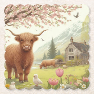 Posavasos De Papel Vaca de tierras altas, con flores y primavera