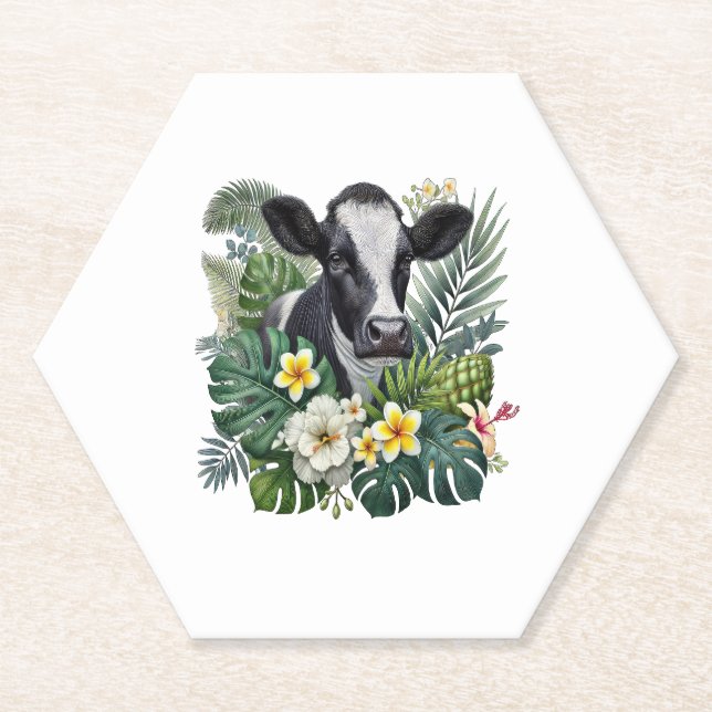 Posavasos De Papel Vaca en selva floral, vaca tropical (Anverso)