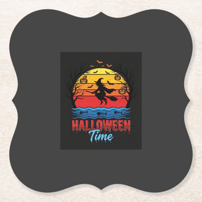 Posavasos De Papel Vector Bruja Atardecer Halloween (Anverso)