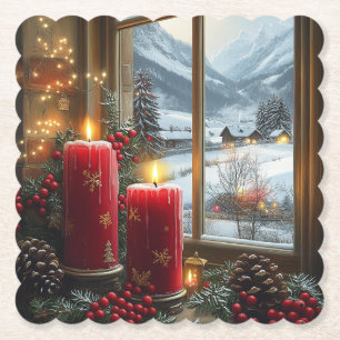 Posavasos De Papel Velas de Navidad Rojas Bayas Rojas Piñas 