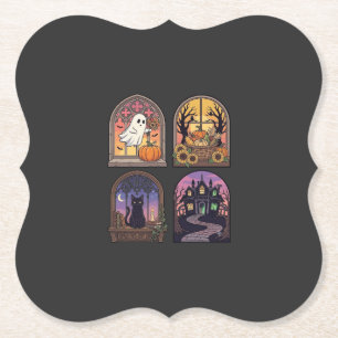 Posavasos De Papel Ventana Gótica de Halloween Fantasma Calabaza Gato