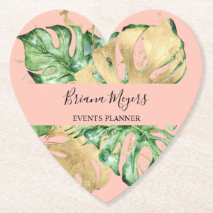 Posavasos De Papel Verde Palma Hojas Oro Melocotón Tropical